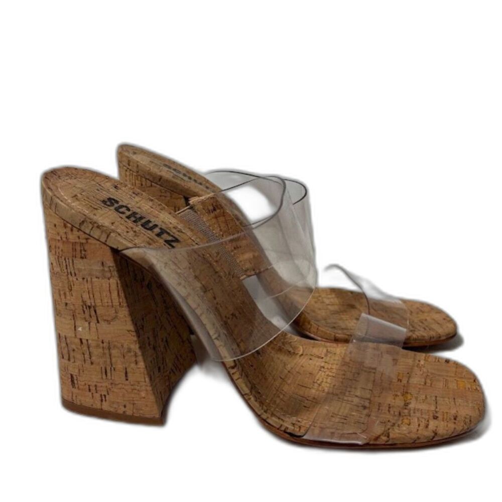 SCHUTZ Victorie Vinyl Block Heel Cork Size 9.5 Clear Strap Going Out Event Party